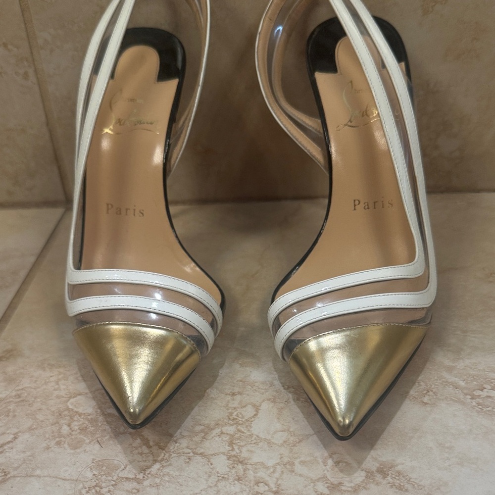 Christian Louboutin White and Gold Pointed Toe Slingback Pumps with Clear Straps